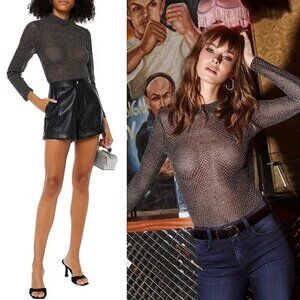 L’AGENCE Metallic Diamond Knit Mesh Long Sleeve Mockneck Slim Bodysuit XS